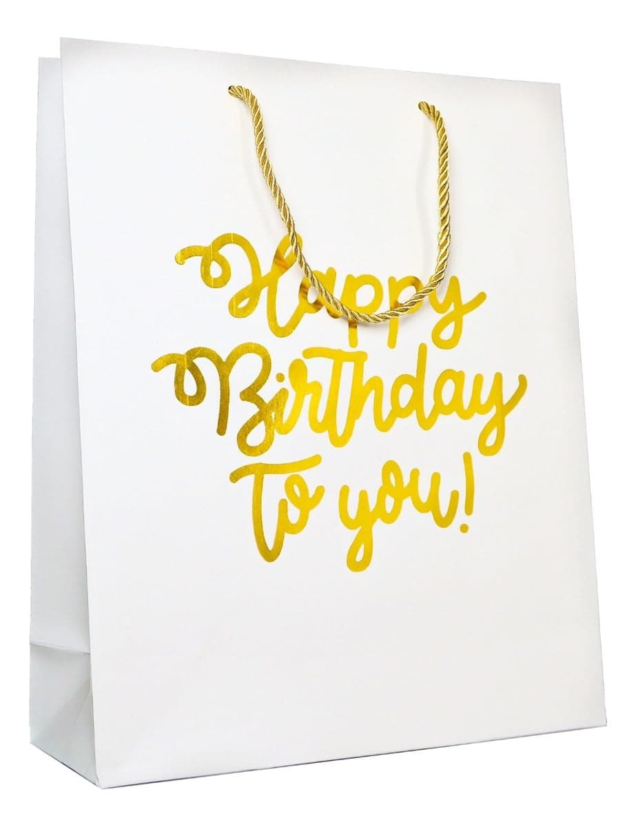 Elegant Luxury Happy Birthday Text Celebration Wrap Present Paper Gift Bag Gold Black White Silver Assorted Designs for him her men and women chic with handles | Large Size 26 x 32 x 10 (White)