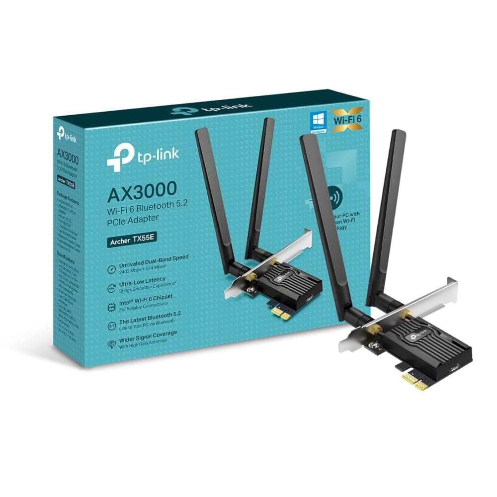TP-Link Archer TX55E AX3000Mbps Bluetooth 5.2 Dual-Band WiFi 6 PCIe Card with Two Antennas, Specialized Heatsink WiFi Adapter for PC, 1024-QAM, Ultra-Low Latency, Supports Windows 10/11(64bit)