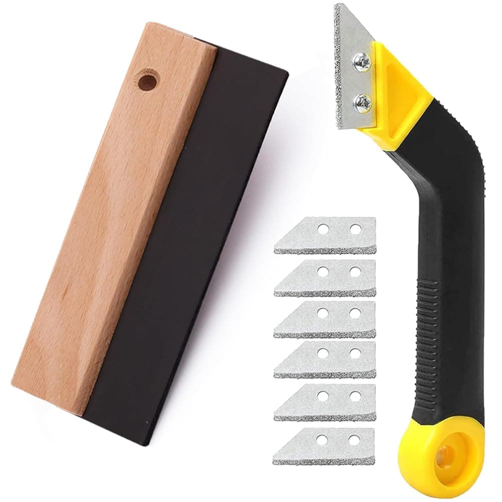 MIHUTUTile Grout Remover Rubber Spatula 200 mm + Tile Scraper with 6 Replacement Blades for Cleaning Tiles Kitchen Bathroom Walls Floors