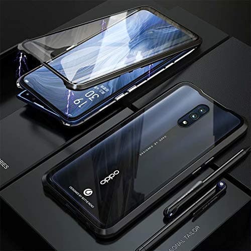 TENGMAO case for oppo reno, Ultra Thin Metal Frame Case Lightweight, Magnetic Adsorption Aluminum Alloy Flip Cover, 9H Tempered Glass Back Cover Phone Case