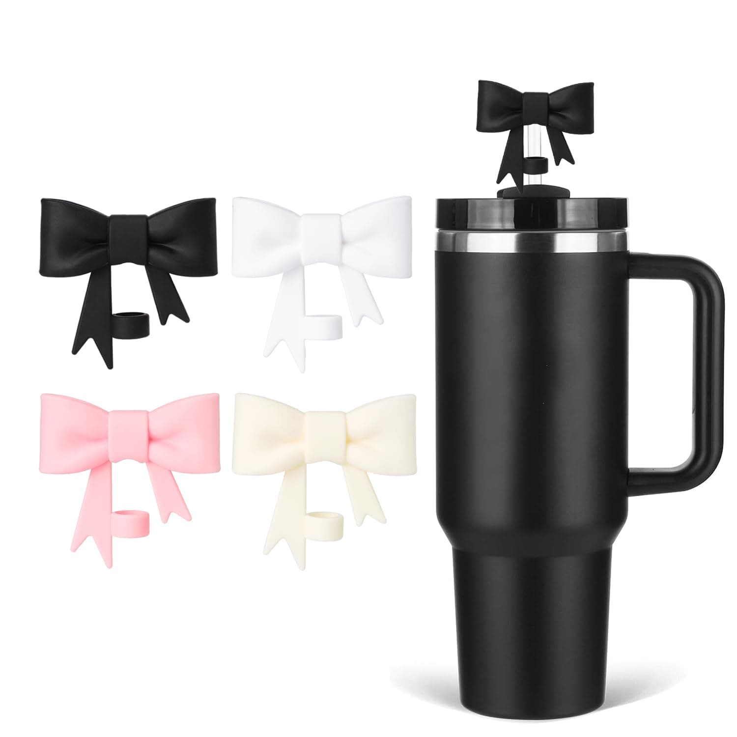 Black Bow Straw Cover Topper for Stanley Cup,Silicone Beige Straws Toppers for Tumbler with Handle 40oz,Cute 10mm/0.4in Covers Cap,Reusable Lids for Stanley Cups Accessories, 4Pcs