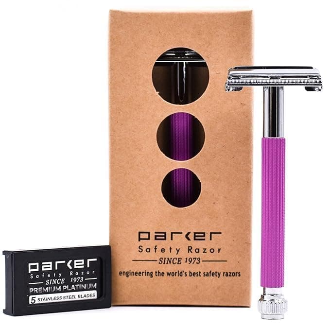 Parker 29L Lavender, Long Handle Butterfly Open Double Edge Safety Razor for Women, 5 Parker Premium Platinum Double Edge Razor Blades Included
