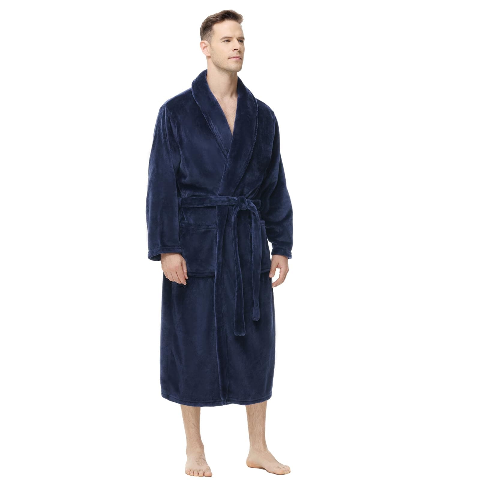 Mens Fleece Robe, Soft Plush Robe for Men, Fluffy Bathrobe with Belt & 2 Pockets