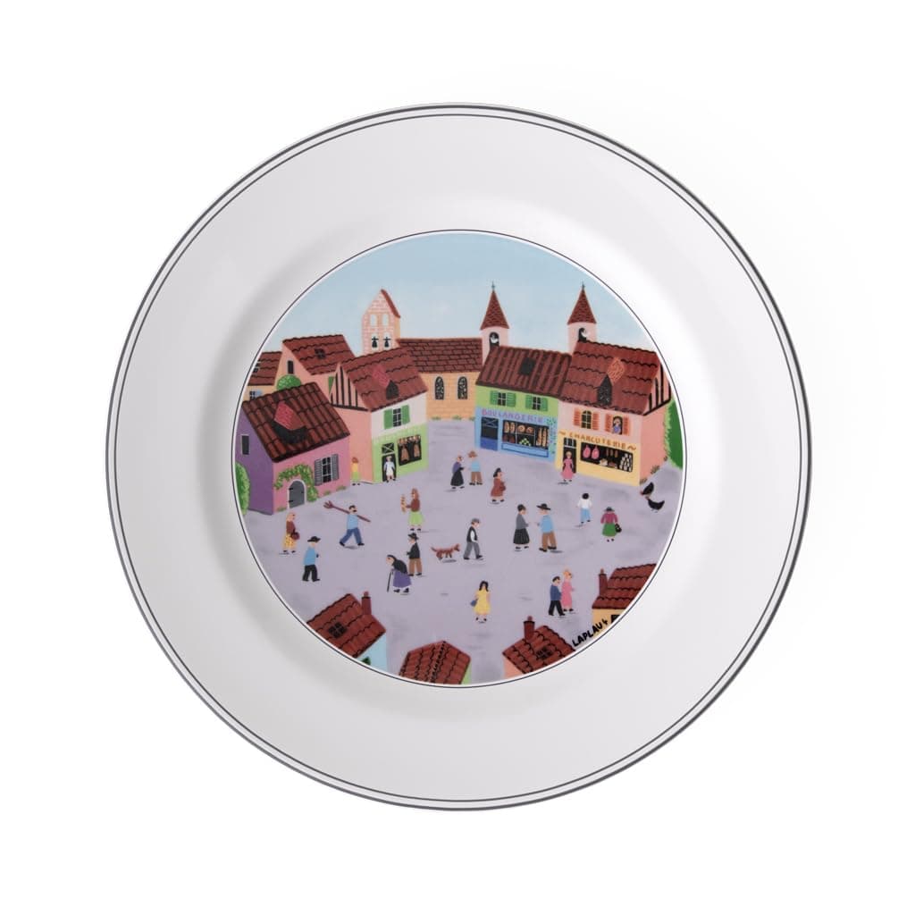 Design Naif Dinner Plate #4-Old Village Square, 10.5 in, Premium Porcelain, White/Colorful