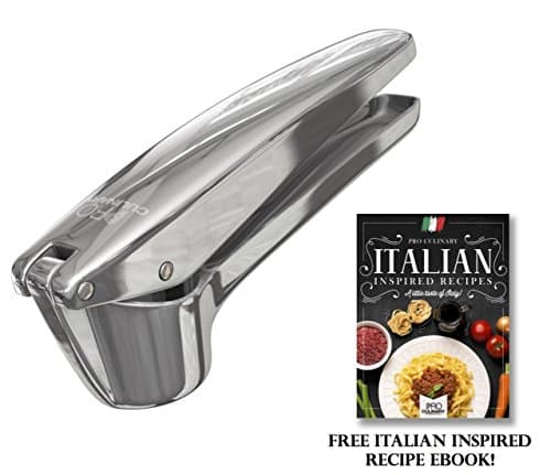 Pro Culinary Garlic Press - Professional Quality Garlic and Ginger Mincer - Dishwasher safe - Silver - Free Recipe Ebook
