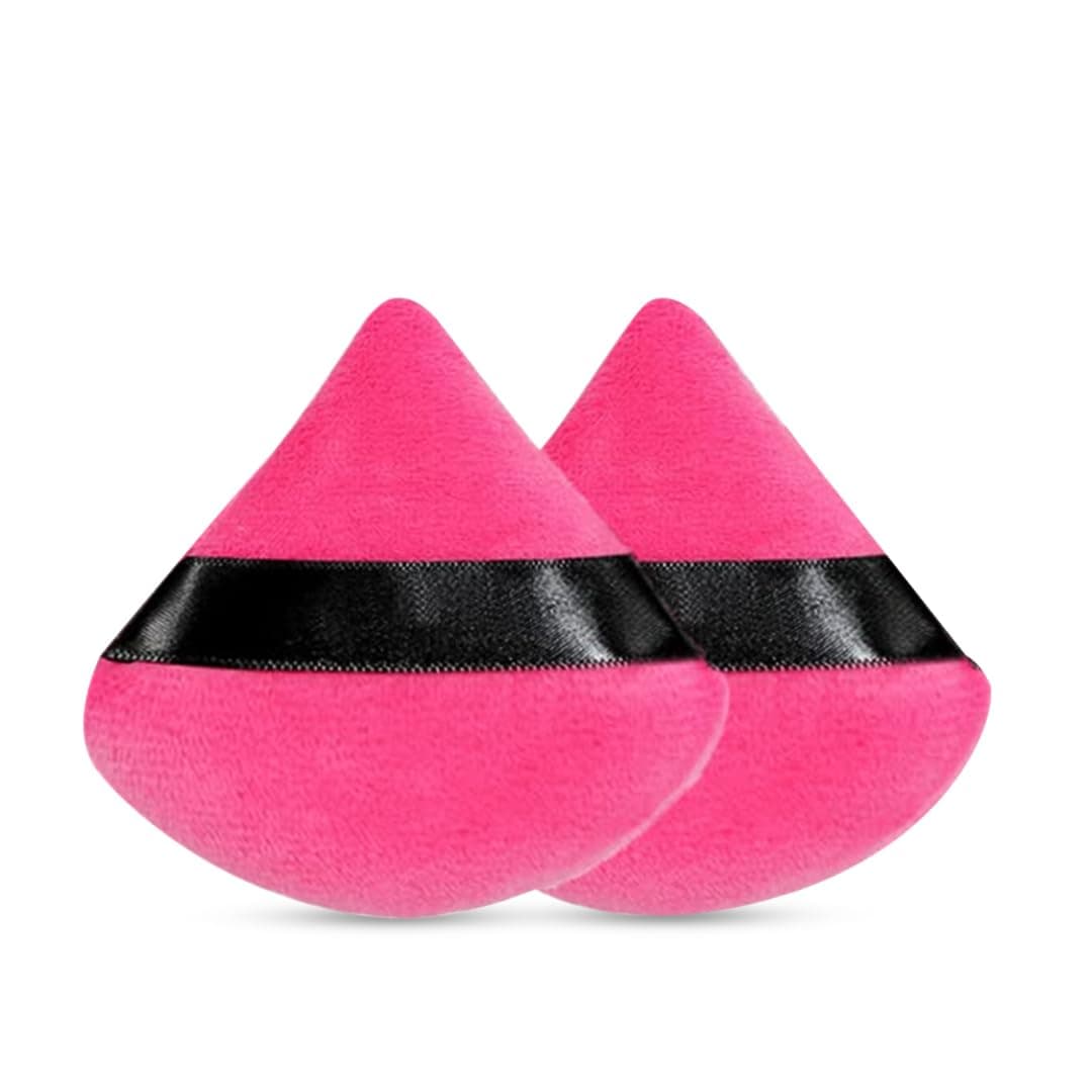 2 Pcs Powder Puff Soft Face Makeup Sponge, Loose powder Foundation Blending Sponges Set, Beauty Blender, Contouring, Wedge Triangle Shape Wet & Dry Tool Washable Reusable (Dark Pink)