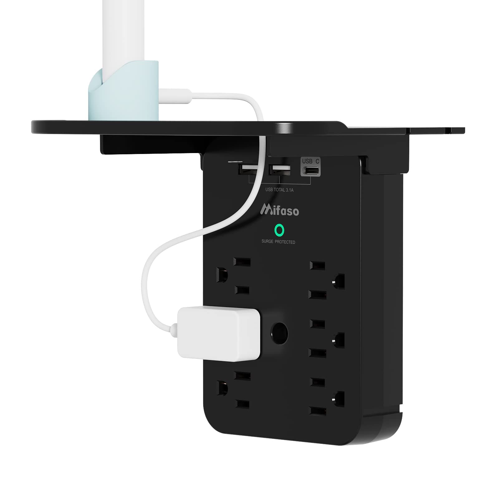 mifaso Wall Outlet Extender - Surge Protector with 6 AC Outlets, 2 USB A & USB C Charging Ports, Removable Shelf, Black
