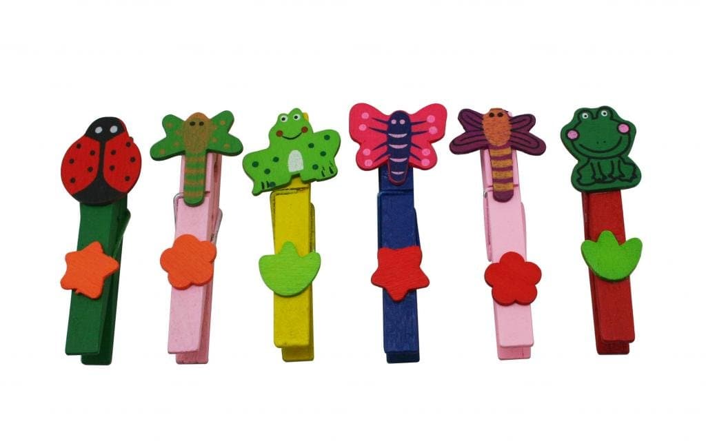 Wood Craft Clothespins Spring 2.9" Mix Color with Various Design Pack of 12