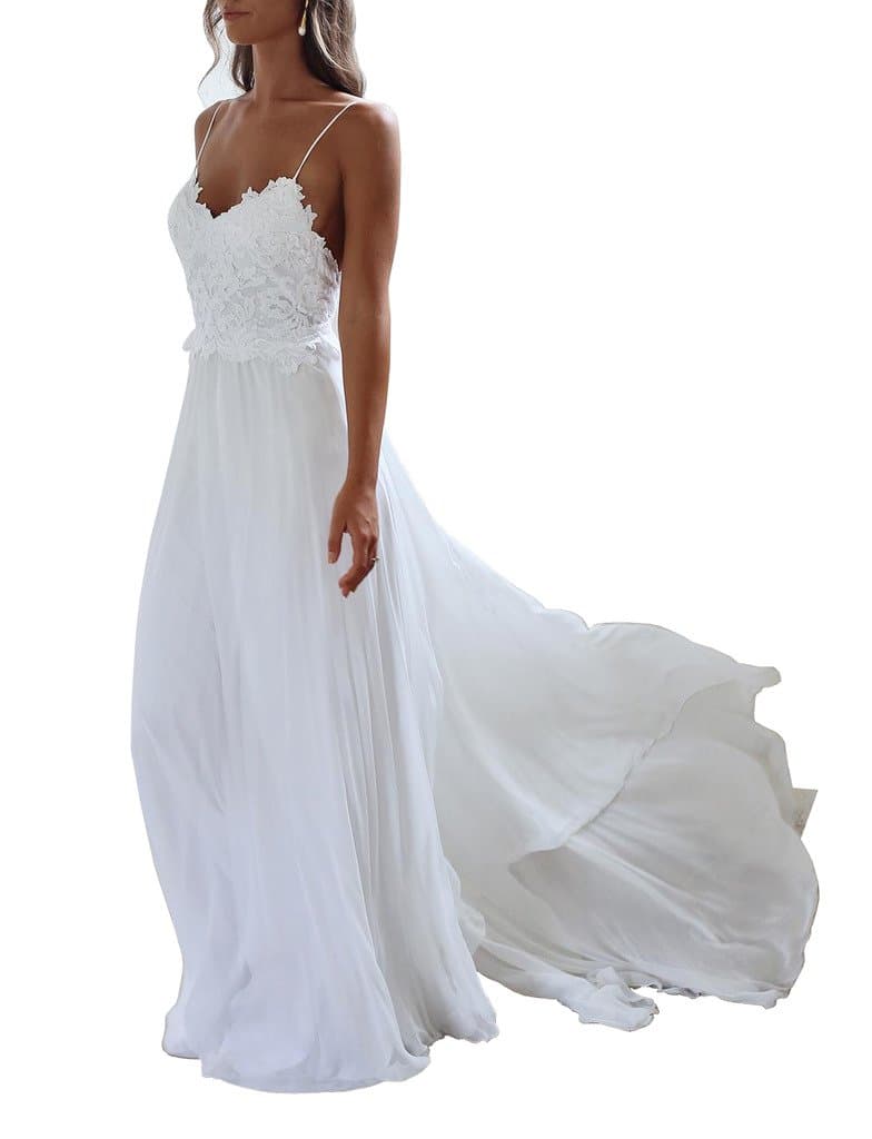 Spaghetti Straps Applique Backless Long Chiffon Beach Wedding Dress
