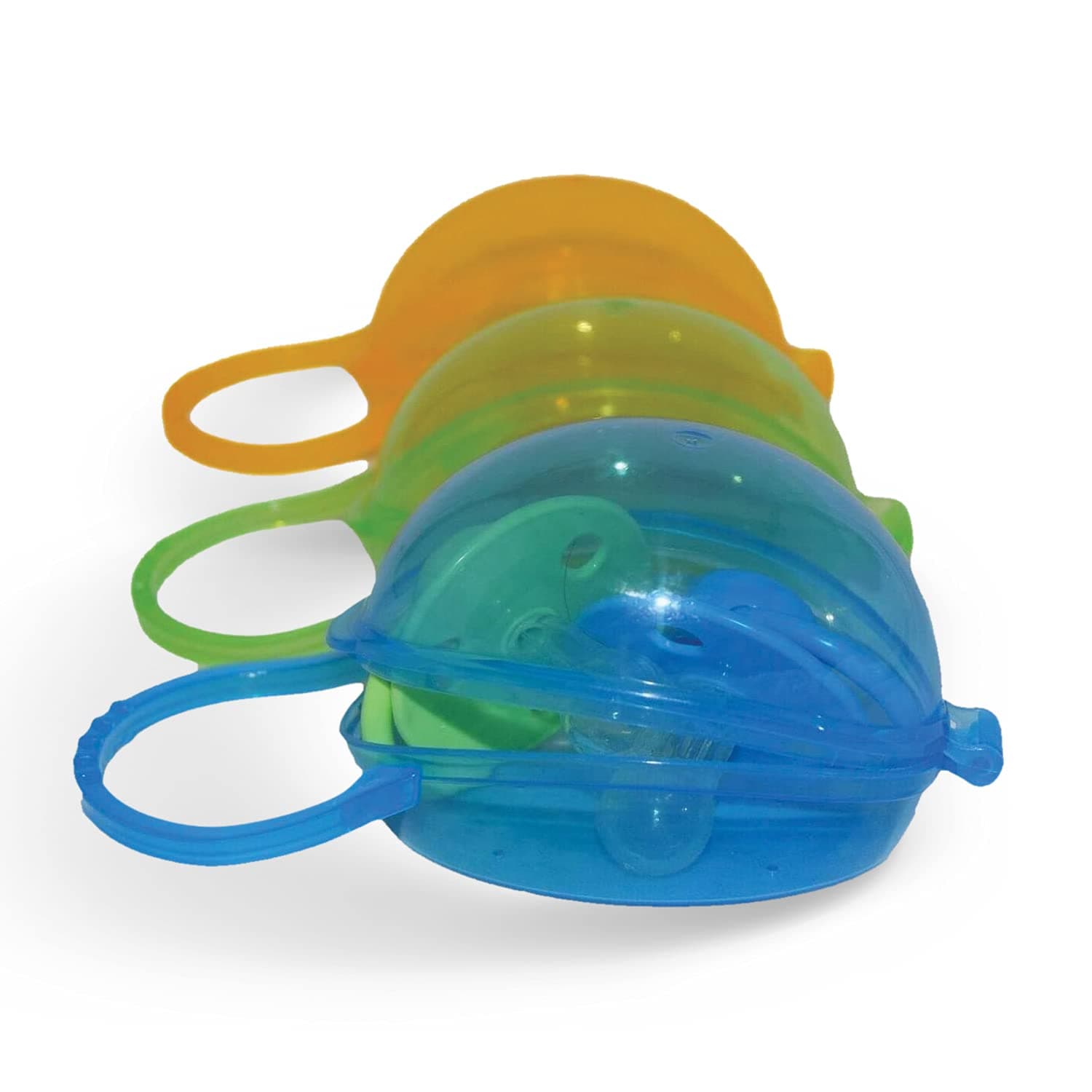Baby Dummy Case by Akeekah | 3 Pack-Blue, Green and Orange | Easy-Clean Dummy Holder and Pacifier Case with Cute and Colourful Designs | Safe BPA-Free and Versatile Soother Holder with Free Mesh Bag