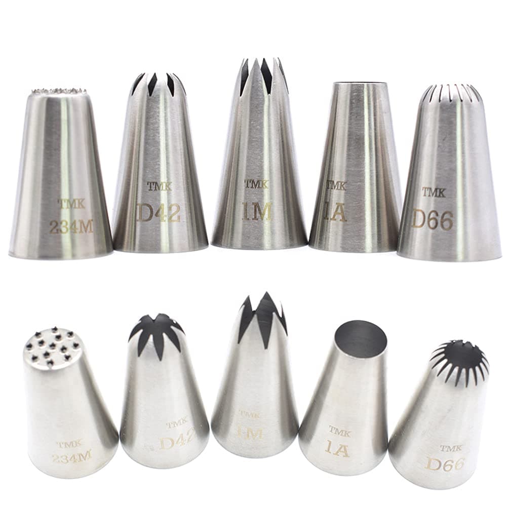 5 Pack Stainless Steel Seamless Piping Icing Tips #1M D42 1A D66 234M, Large Grass Star Piping Nozzle, Cake Decorating Tools for Baker