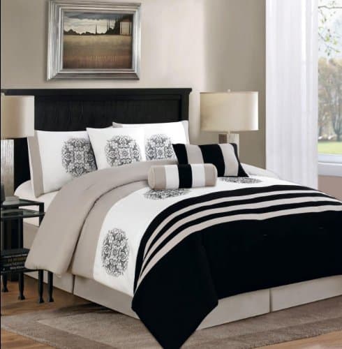 7-Pieces Embroidery Medallion Comforter Set Bed-In-A-Bag, Taupe and Black (King)