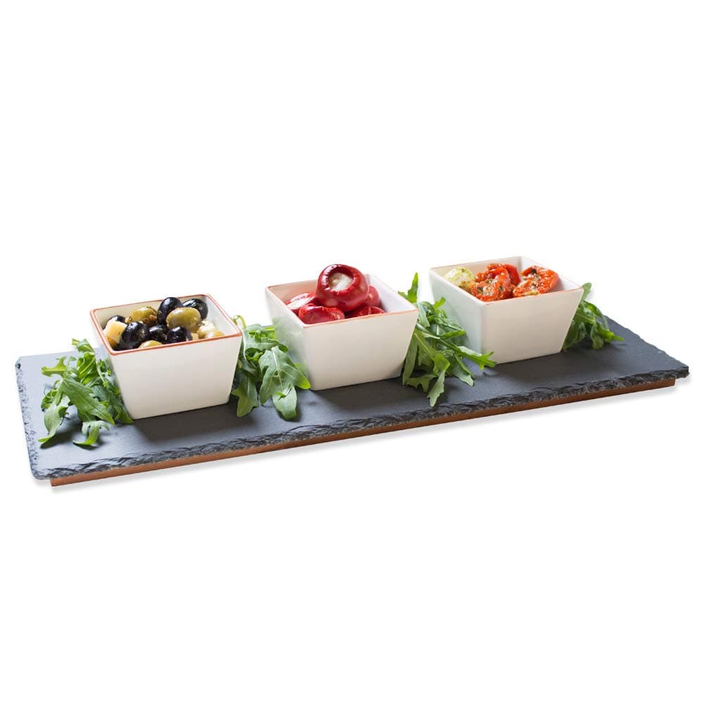 Occasion Slate Dip or Meze Set Includes 3 Square Snack Serving Bowls with Rose Gold Rim & Wooden Base Stand 44x18cm