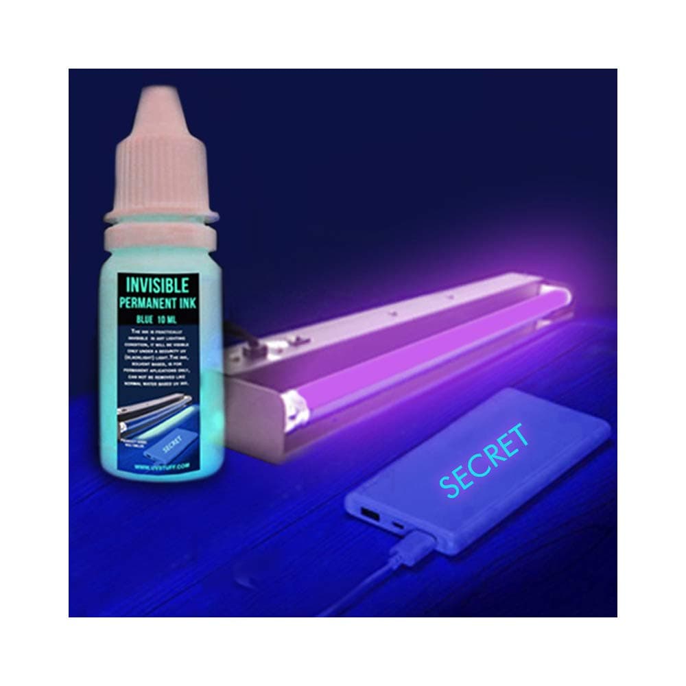 Invisible permanent UV ink, fluorescent ink, visible at black light, 0.33 oz(10 ml), for any surface, permanent neon ink, solvent based for security, identification, secret inscriptions (Blue)
