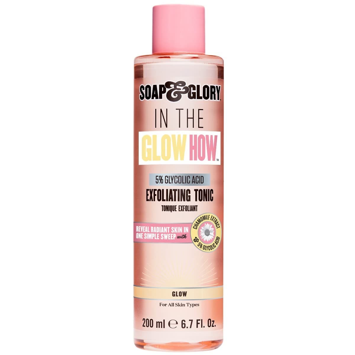 Soap & Glory In The Glow How Exfoliating Tonic 6.7 Oz! Infused With 5% Glycolic Acid And Chamomile Extract! Gently Exfoliates, Hydrates And Deeply Cleanse Pores! Face Exfoliator For All Skin Types!