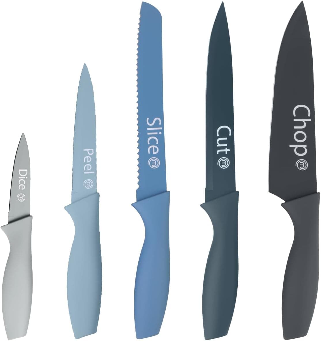 MasterChef Kitchen Knives, Chef Knife Set (Meat, Breadsaw, Vegetables and Fish), Stainless Steel Collection with Soft Touch Handles, Multifunctional, 5 Pieces, Blue, Captions