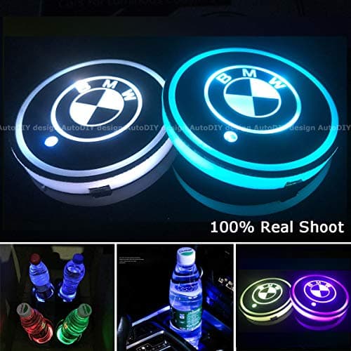AutoDIY Led Car Logo Cup Lights up Holder USB Charging Waterproof Bottle Drinks pad 7 Colors Changing Atmosphere Lamp mat Cars for Luminous Coasters 2PCS(for BMW)