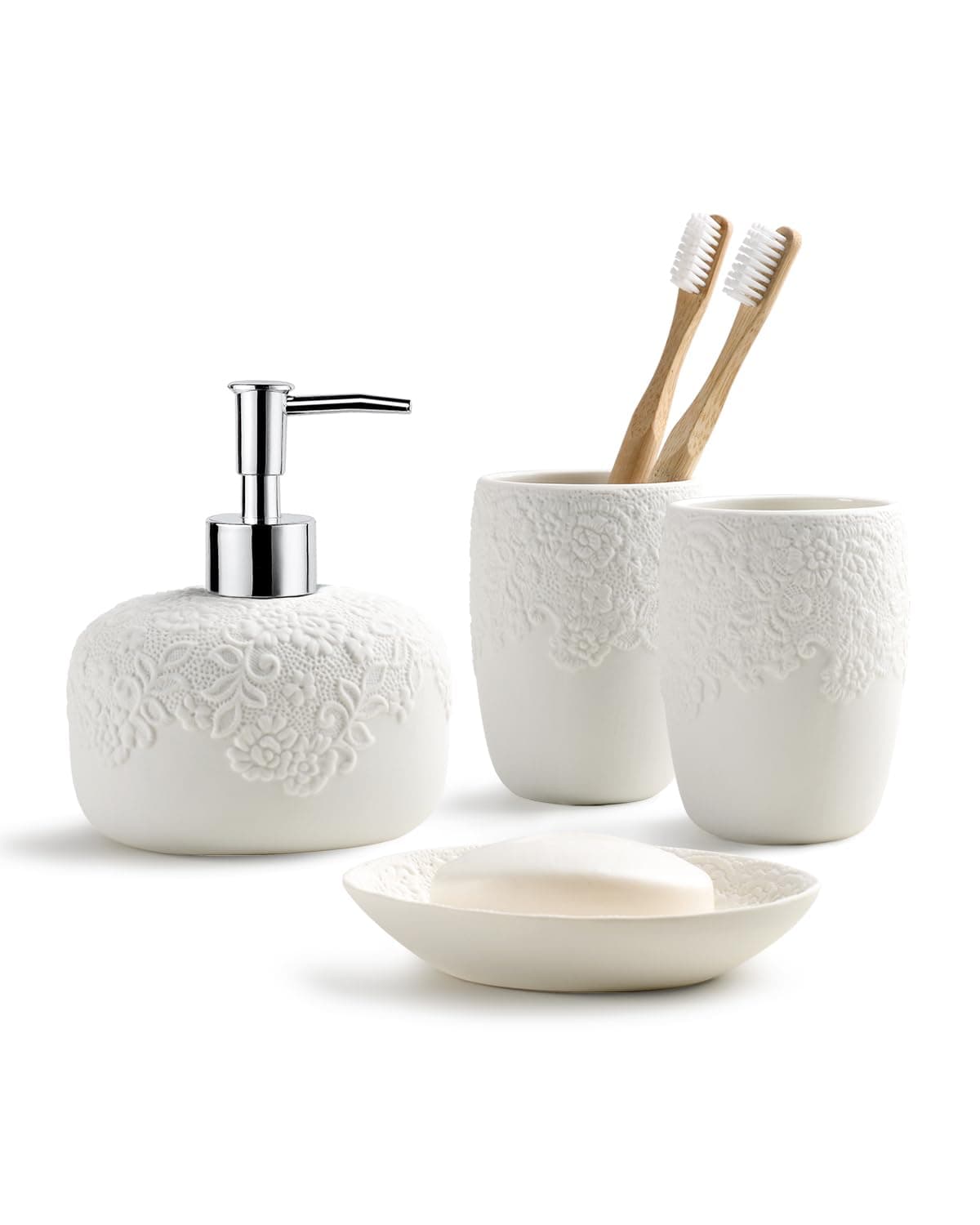 Bathroom Accessories Set with Embossed Design 4PCS, Ceramic White Bathroom Accessory Set, 1Pcs Bathroom Soap Dispenser 14oz, 2Pcs Tumbler Cup, 1Pcs Soap Dish,
