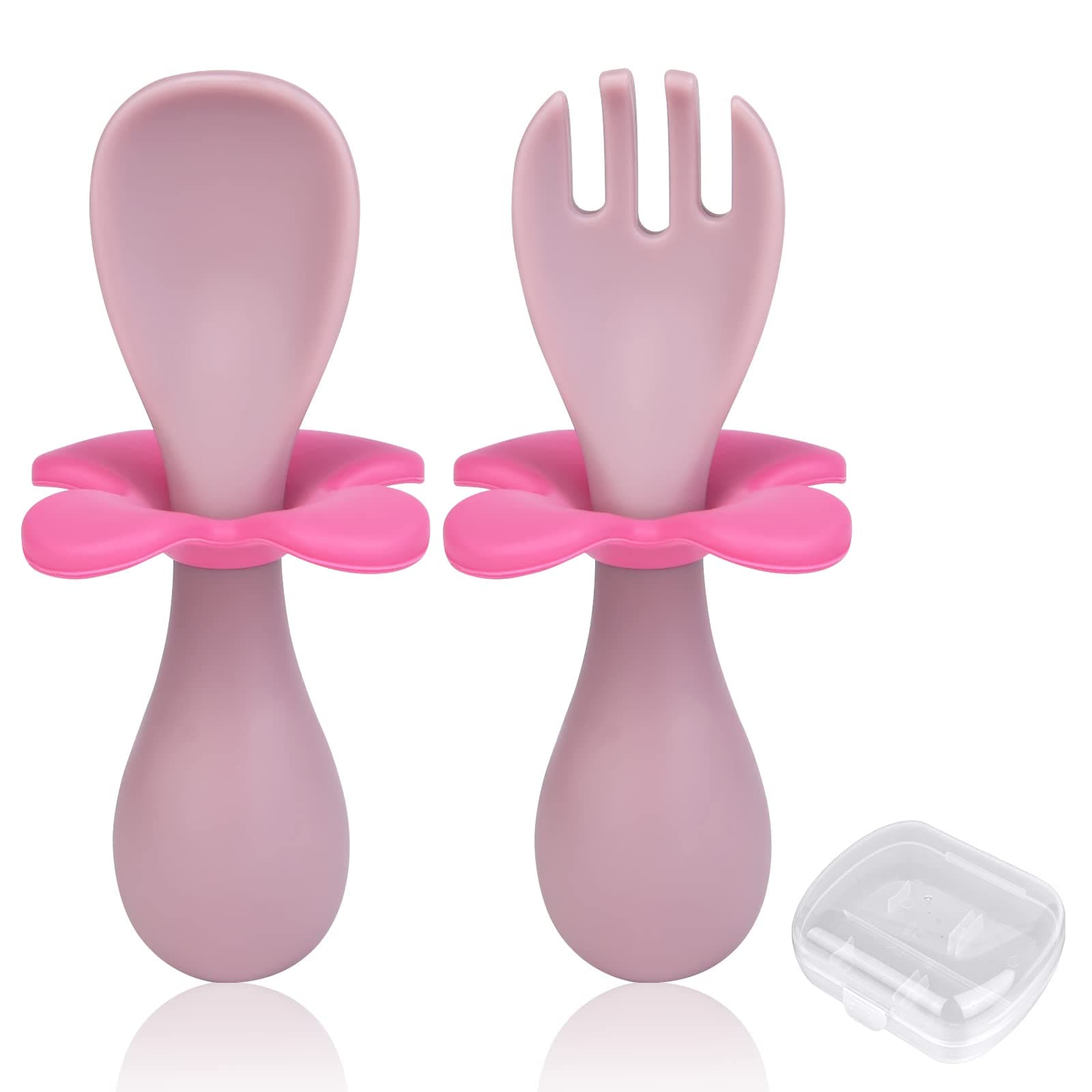 VicloonBaby Fork and Spoon, Infant Self Baby Spoon Fork Self Feeding Utensil Set, Baby Cutlery Feeding Set Toddler Utensils Spoons Forks for Kids Self Feeding(Pink Flowers)