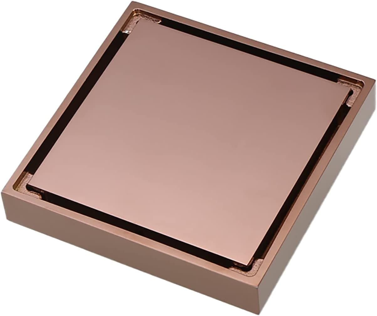 Invisible Shower Drain Brass Flow Shower Floor Drain Square 4 inches Shower Waste Drain with Removable Cover, Stainless Steel Filter, Rose Gold