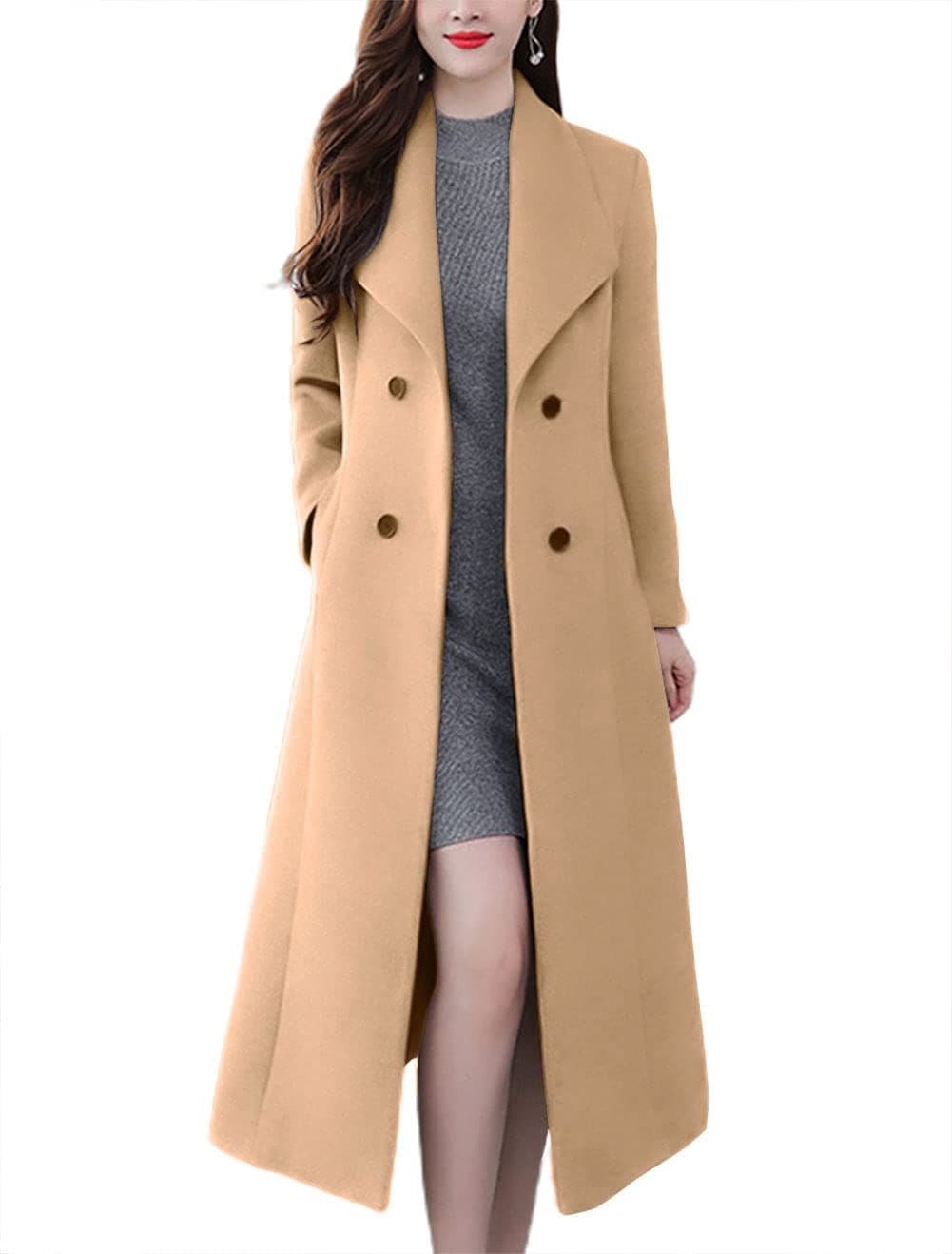 chouyatou Women's Chic Shawl Collar Work Double Breasted Maxi Long Wool Pea Coat