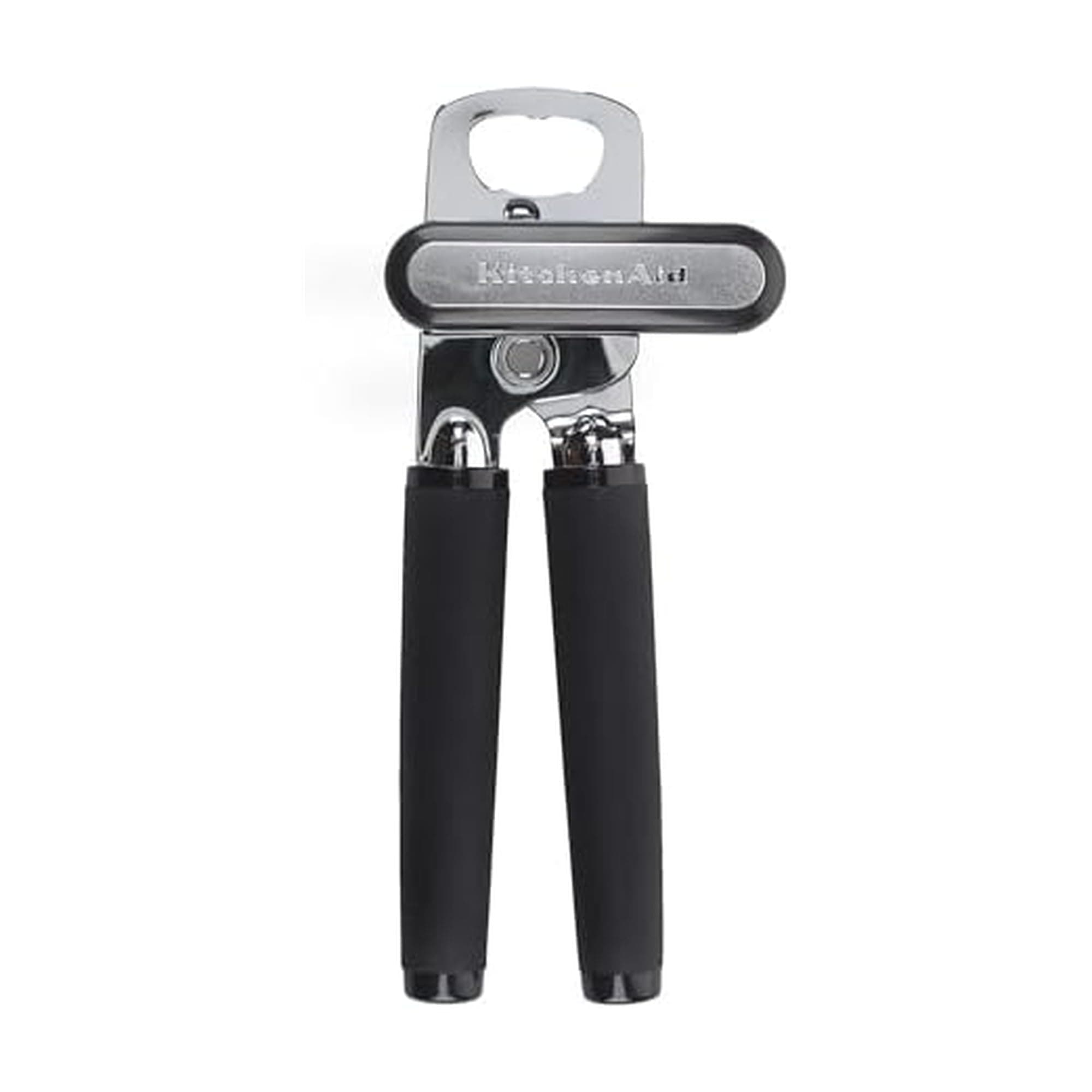 Classic Multifunction Can Opener and Bottle Opener Easy to Use, Razor Sharp Stainless Steel Cutting Wheel, Soft Ergonomic Handles, Soft Black