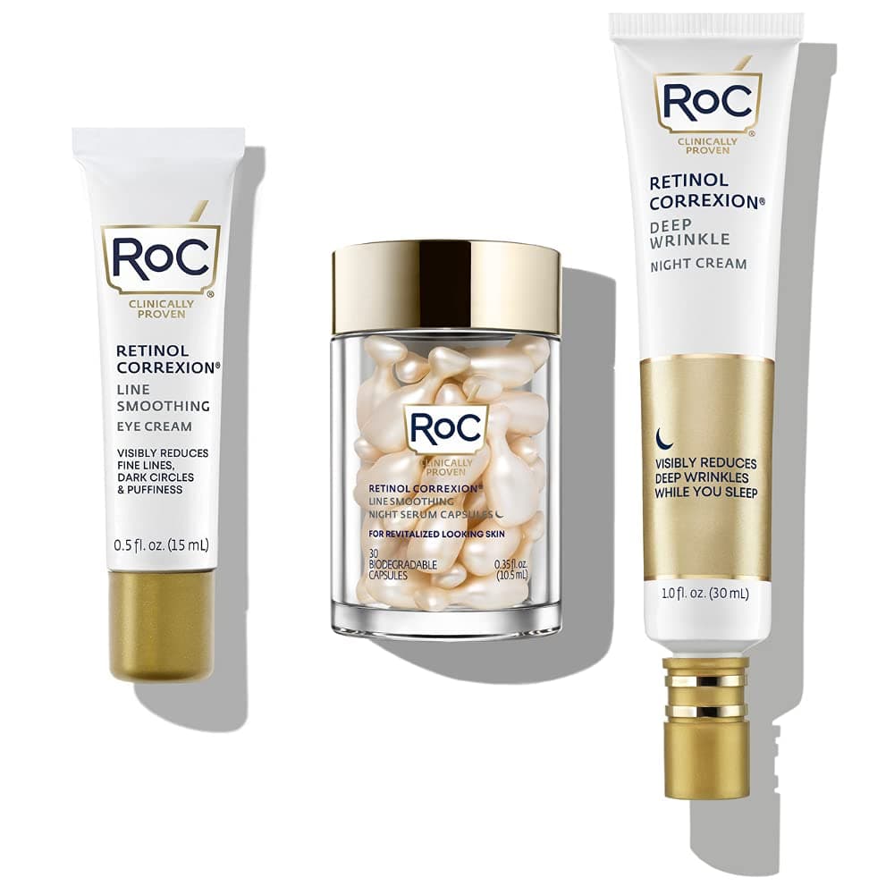 Retinol PM Rituals Bundle: RoC Retinol Serum Night Capsules + Deep Wrinkle Night Cream + RoC Eye Cream for anti-wrinkles, dark circles, and puffy eyes