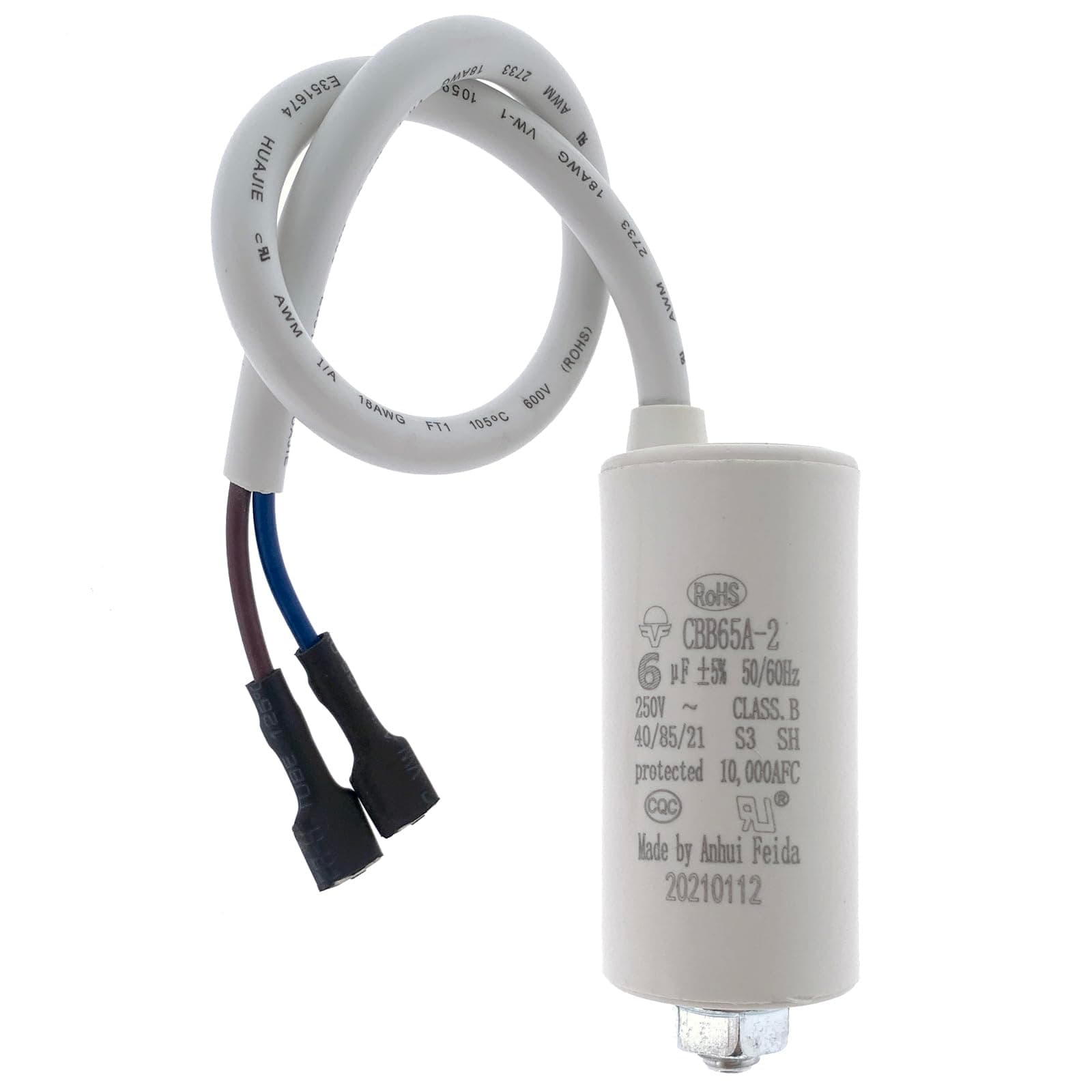 CBB65A-2 6uF 250VAC 50/60Hz Compressor Run & Start Capacitor 40/85/21 with RoHS UL (Screw Fixing)