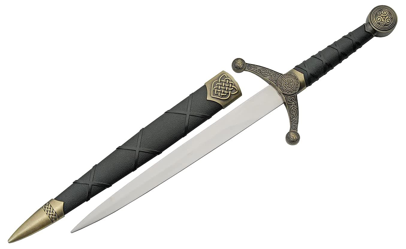 SZCO Supplies 16" Golden Spear-Point Replica Medieval Celtic Knot Knife with Scabbard,Gold/Black,211532-GD