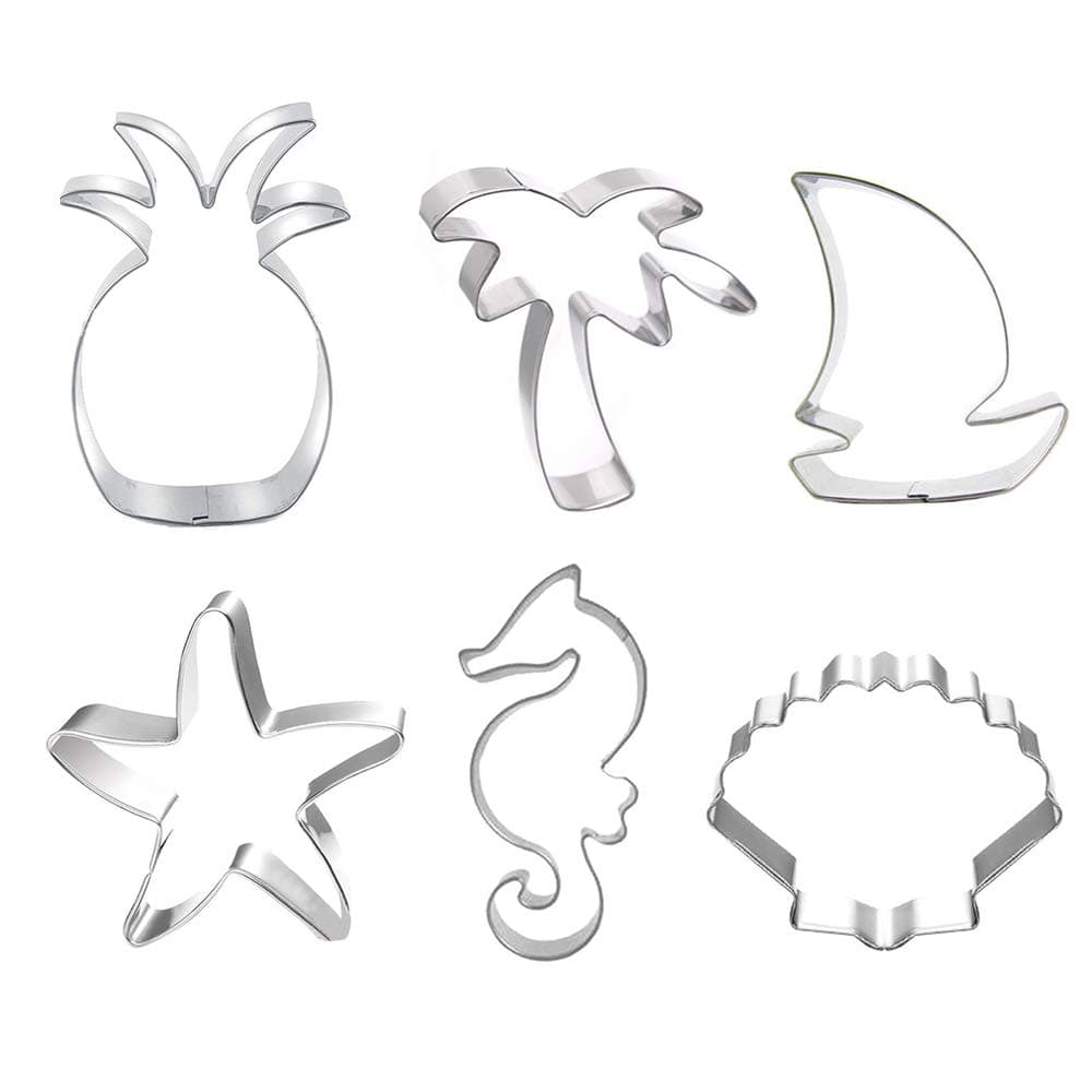 Beach Themed Cookie Cutter Set - Set of 6 - Palm Tree, Starfish, Seashell, Seahorse, Sailboat and Pineapple - in Durable Stainless Steel