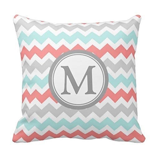 Decors Aqua Coral Grey Chevron Monogram Decorative Pillow