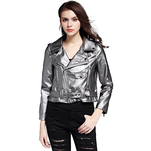 ACHIEWELL Women's Leather Silver Slim Jacket Zipper Biker Coat