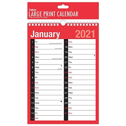 2021 Calendar Holidays and Notable Dates A4 Large Spiral Bound Month Wall Plan A4LMTV