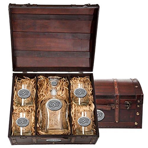 Heritage Metalwork Oklahoma State University Decanter Set Whiskey Bottle and Clear Glasses