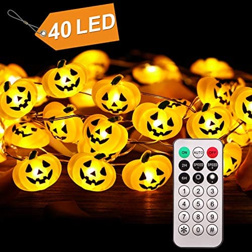 BOBOO Halloween Pumpkin String Lights - 40 LED 13.12ft Battery Box Operated with Remote Timer Halloween Decorations Jack-O-Lantern Lights (Round)