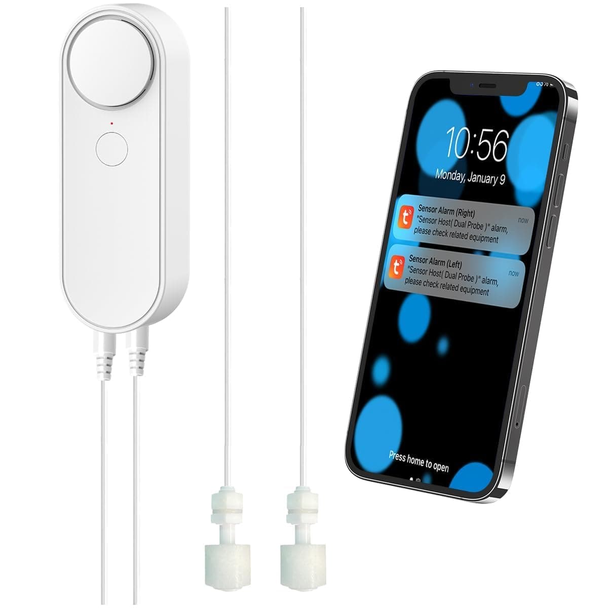 WiFi Water Level Detector with Dual Probe, Smart High/Low Water Level Sensor Alarms, Detached 16.4FT Detection Line, Left and Right Dual Alarms, Remote App Monitoring, Dual Alerts, AAA Battery Powered