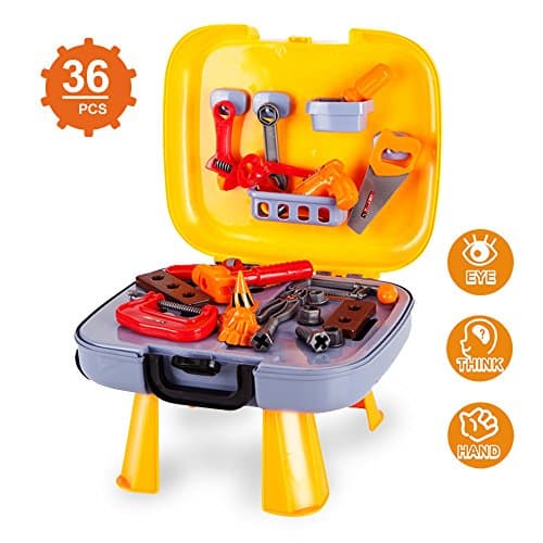 Kids Tool Set-Pretend Play Workbench for Toddlers with a Durable Plastics Case and 36 Pieces Construction Accessories-Including Wrench Drill Hammer Saw and More.
