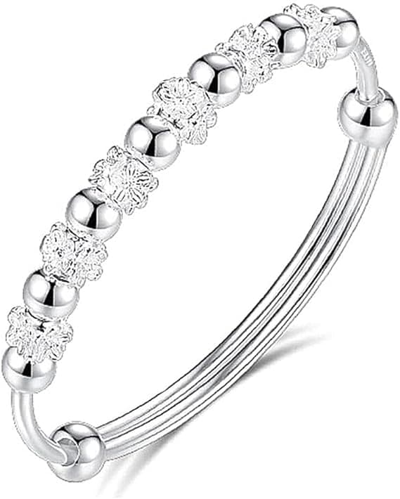 925 Sterling Silver Bead Spinner Bangle Bracelet Adjustable Freely Unzip Tools Open Anxiety Bracelet Jewelry Gift for Women Girls Ladies Birthday Valentine Gift