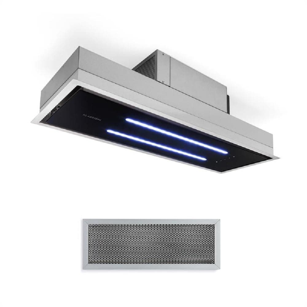 Klarstein High Line Ceiling Hood - Built-In, 77 cm, 410 m3 / h, Circulating/Exhaust Air, 3 Steps, LED, Remote Control, Activated Carbon Filter, Substructure Hood, Stainless Steel/Black Glass