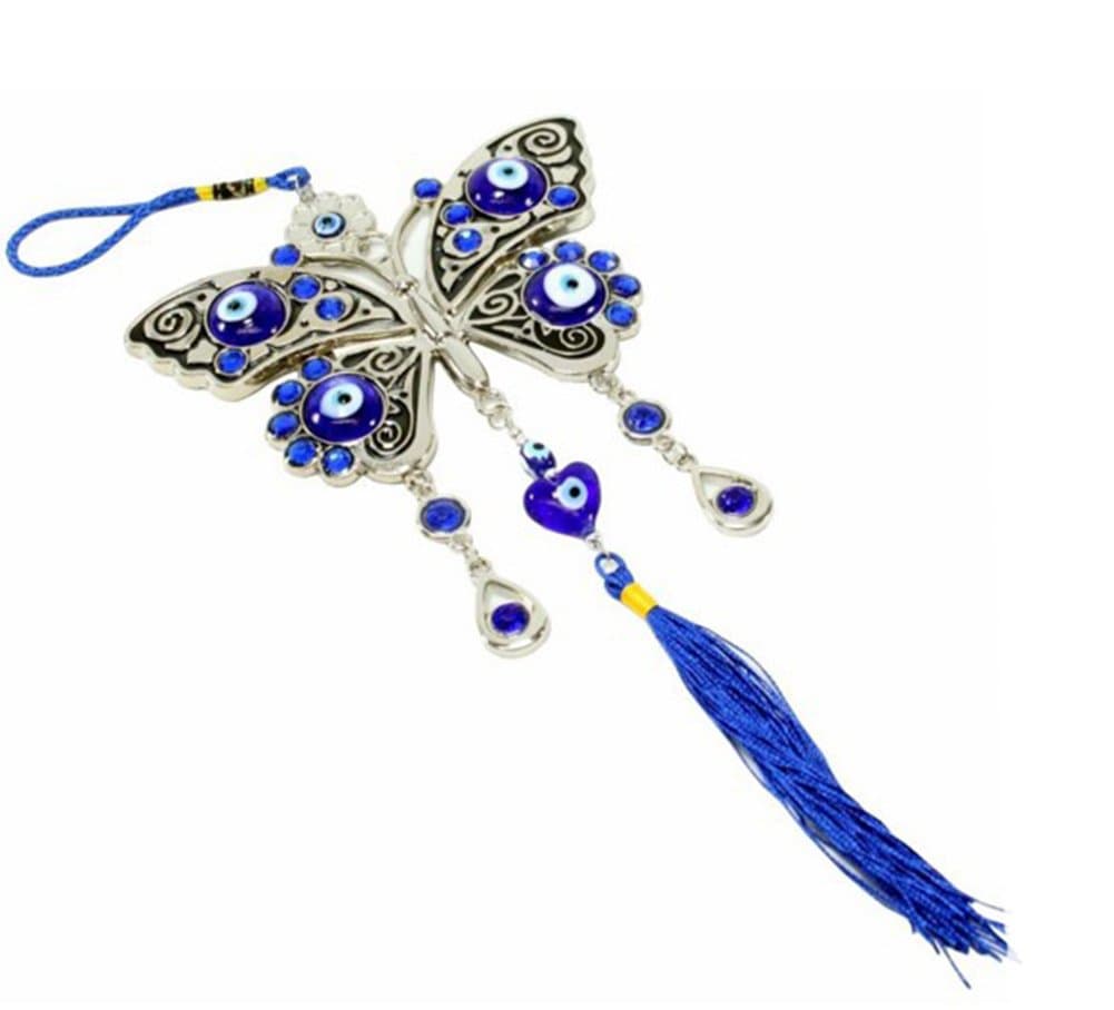 Turkish Blue Evil Eye Hamsa Hand Car Wall Hanging Decoration Ornament (butterfly-tassel)
