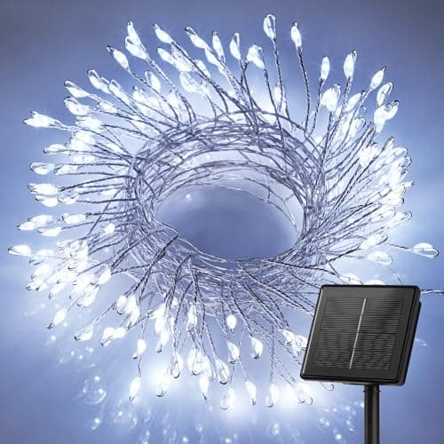 Brightown Solar Lights for Outside, 9.8Ft 120 LED Solar String Lights Outdoor Waterproof, 8 Modes Firecracker Balcony Light for Tree Patio Christmas Party Wedding Decor (Pure White)