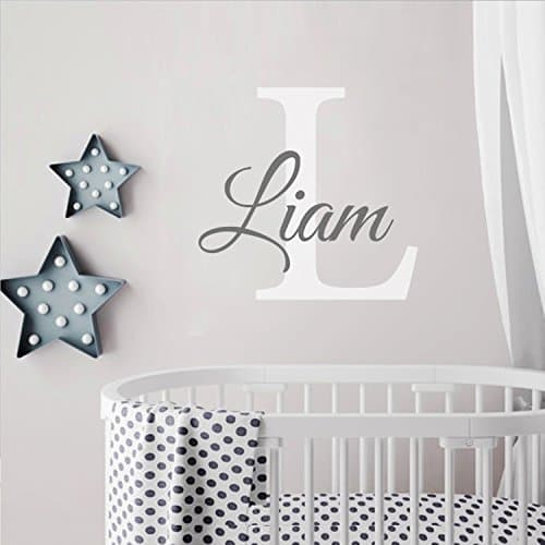 Monogram Name Vinyl Wall Art Initial Name Wall Decal Children Wall Decal for Baby Boy Girls Bedroom Nursery (Dark Gray+White,18"h x 23"w)