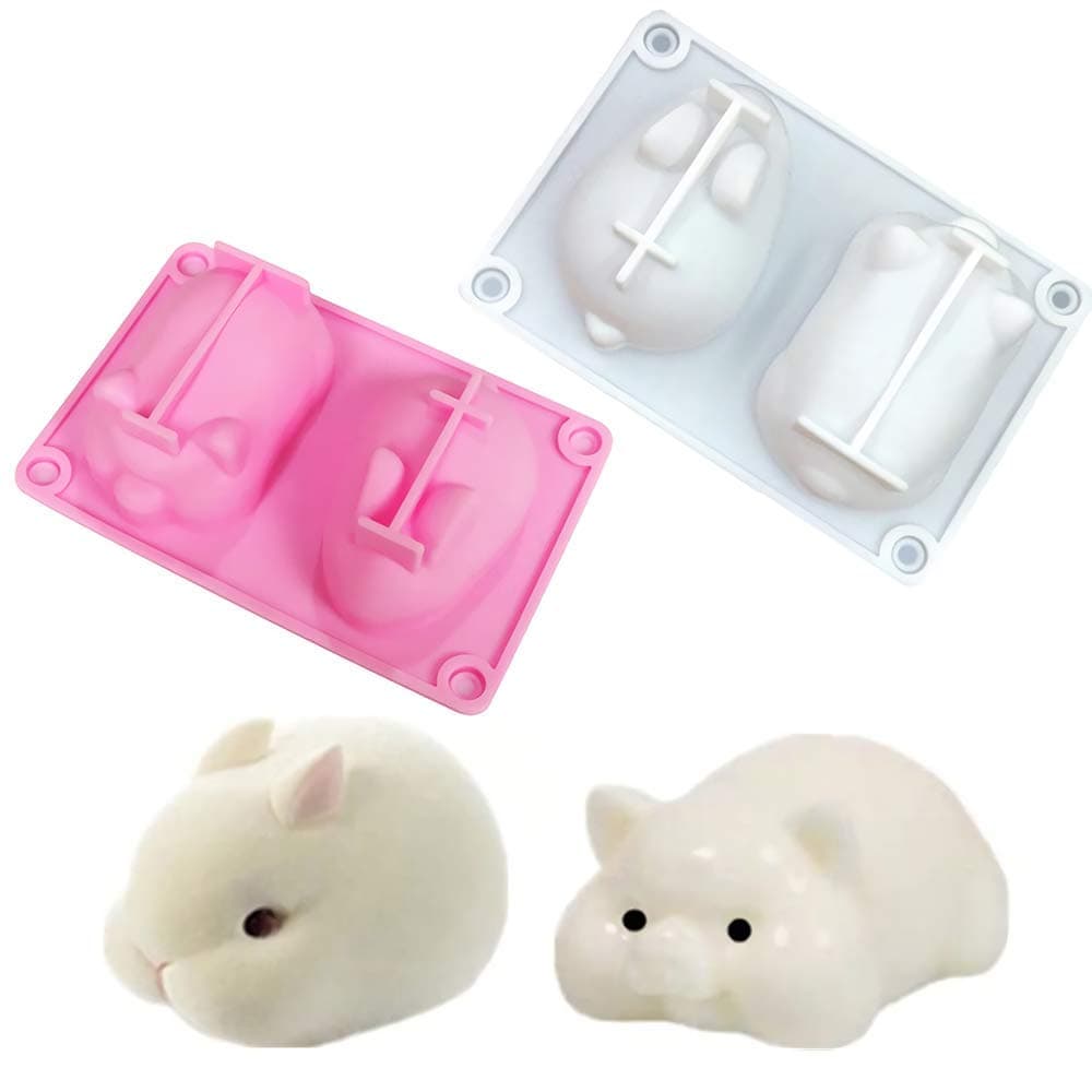 2Pcs 3D Rabbit Pig Silicone Mousse Cake Mold Bunny Piggy Baking Tray Dessert Mold Pastry Brownie Jelly Truffle Pudding Fruit Ice Cream Soap Candle Making Tool (Random Color)