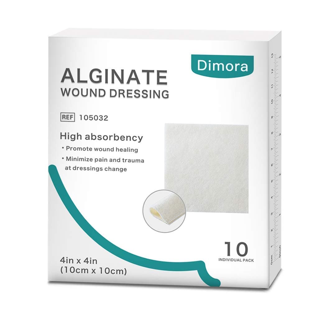 Calcium Alginate Wound Dressing, 4'' x 4'' Patches,10 Individual Sterile Pads, Soft and Highly Absorbent Dressing Gauze, Non-Stick Padding
