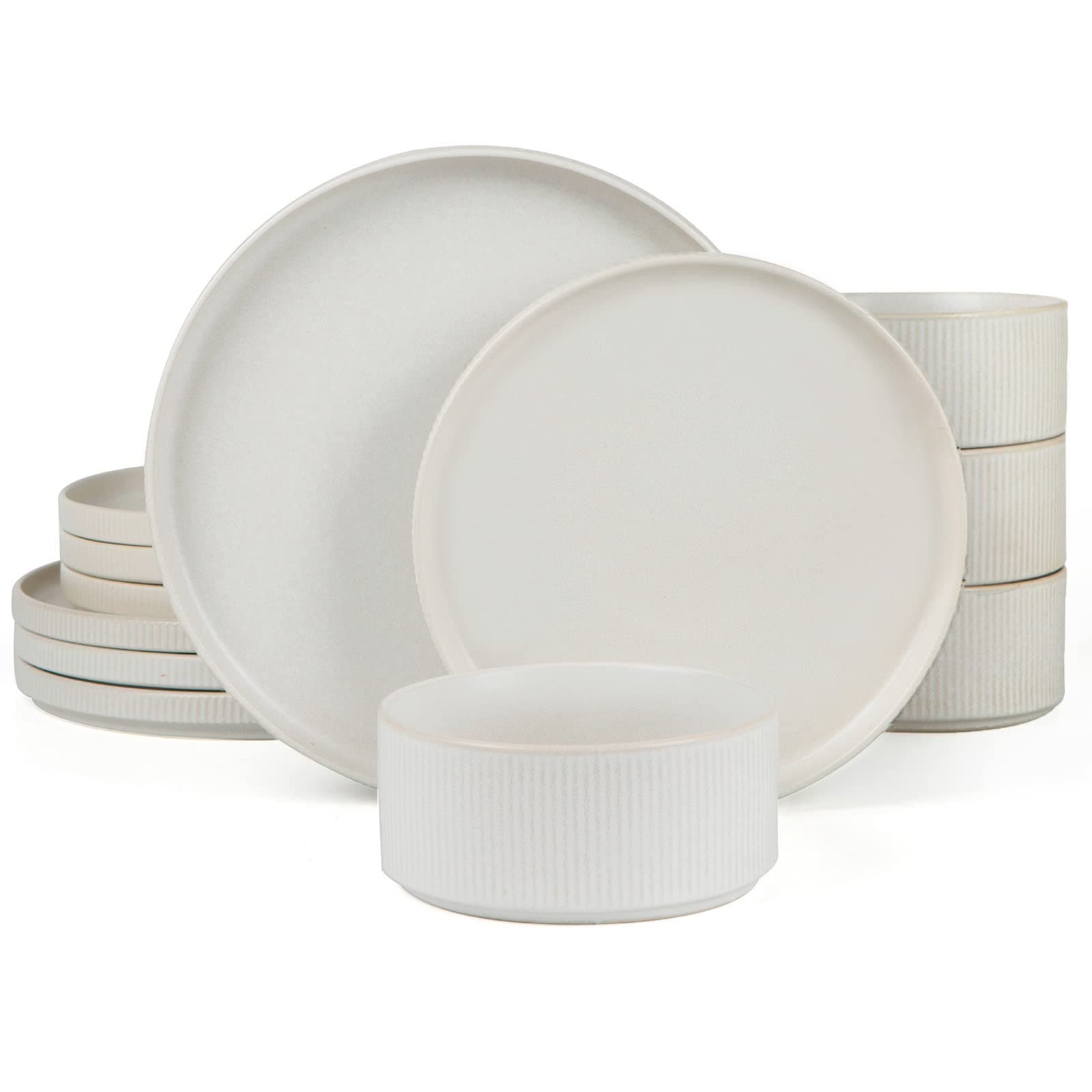Famiware Star Dinnerware Sets, Plates and Bowls Set for 4, 12 Pieces Ribbed Dishes - Chip and Scratch Resistant, Microwave and Dishwasher Safe Tableware, Matte White