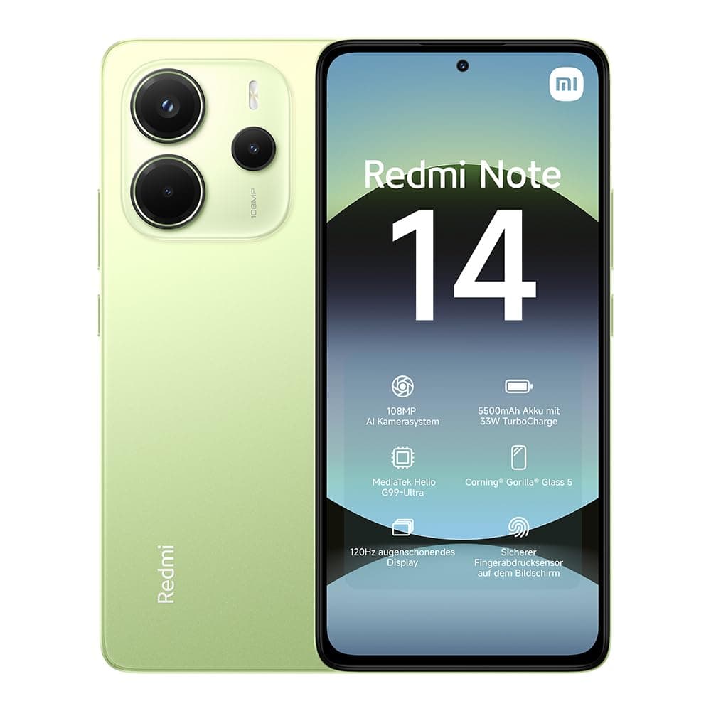 Redmi Note 14 smartphone, 6+128GB, green, 108MP AI camera system, 5500mAh battery, 120Hz eye-care display, AI features (no charger included), 2 year Warranty