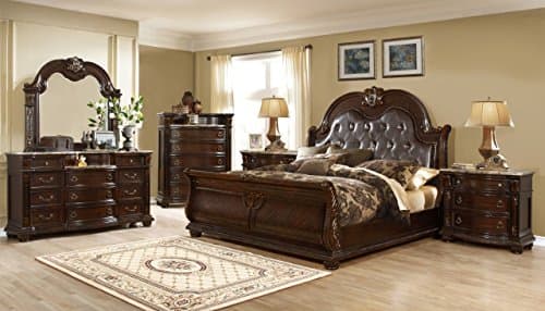 Dorean Eastern King Size Lauren Honey Brown Cappuccino Solid Wood Bonded Leather Sleigh Bed with Bed Set
