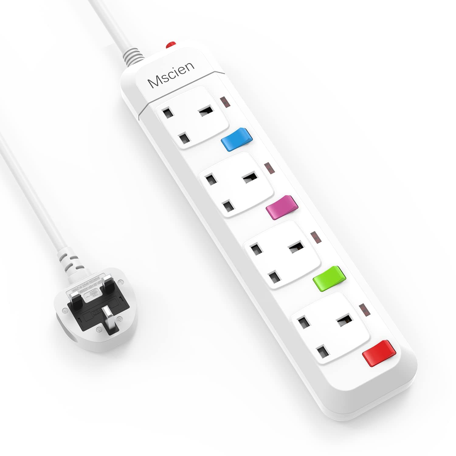 Mscien Extension Lead with Switches, 4 Way Plug Sockets with Overload Protection Surge Protection 1.8M Extension Cable Wall Mountable Power Strip