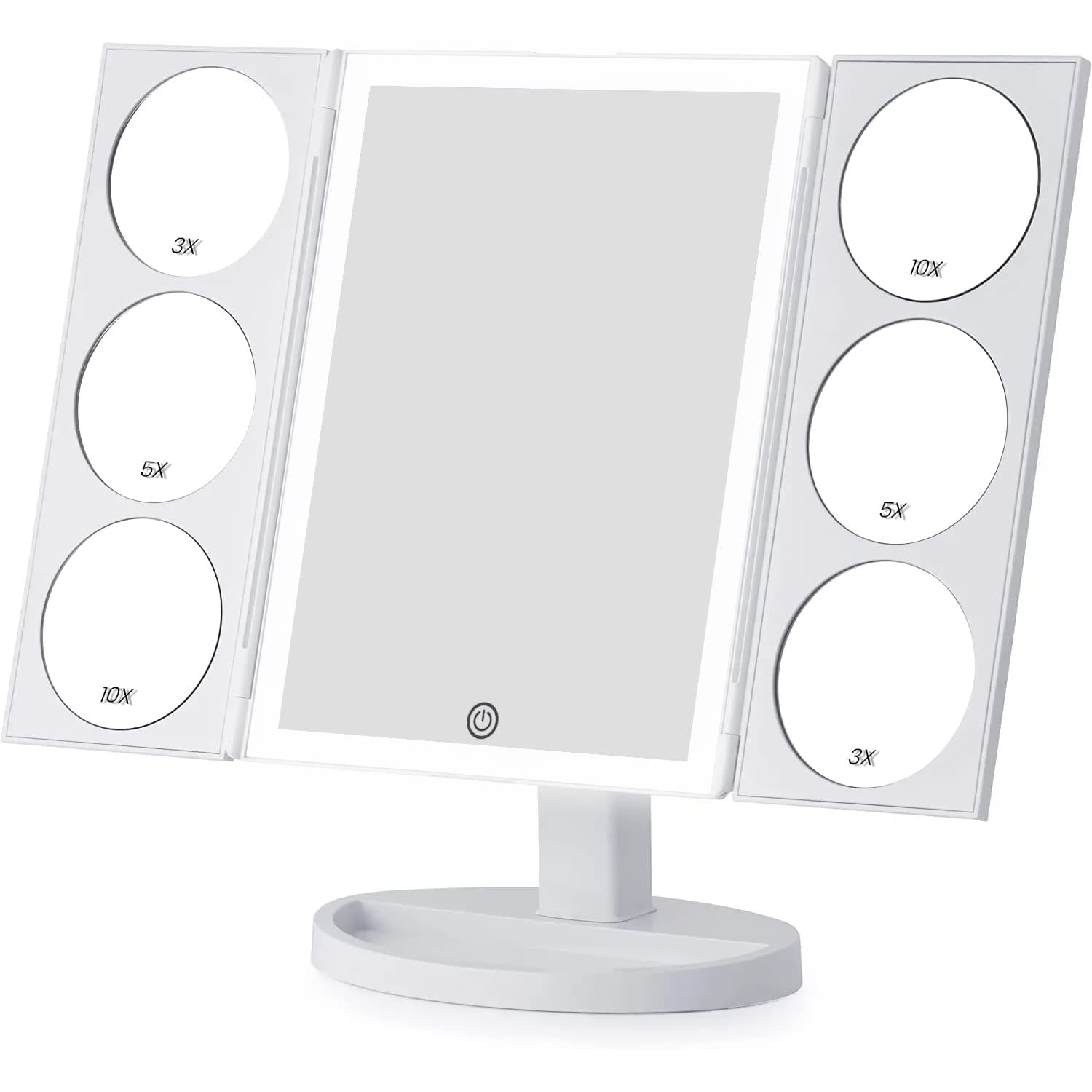 MIRRORVANA® X-Large Vanity Makeup Mirror with 44 LED Lights, 3 Color Lighting Modes, 10X 5X 3X Magnifying Panels, Dual Power Supply, 360° Rotation and Touch Screen Dimmer Switch on HD Glass (White)