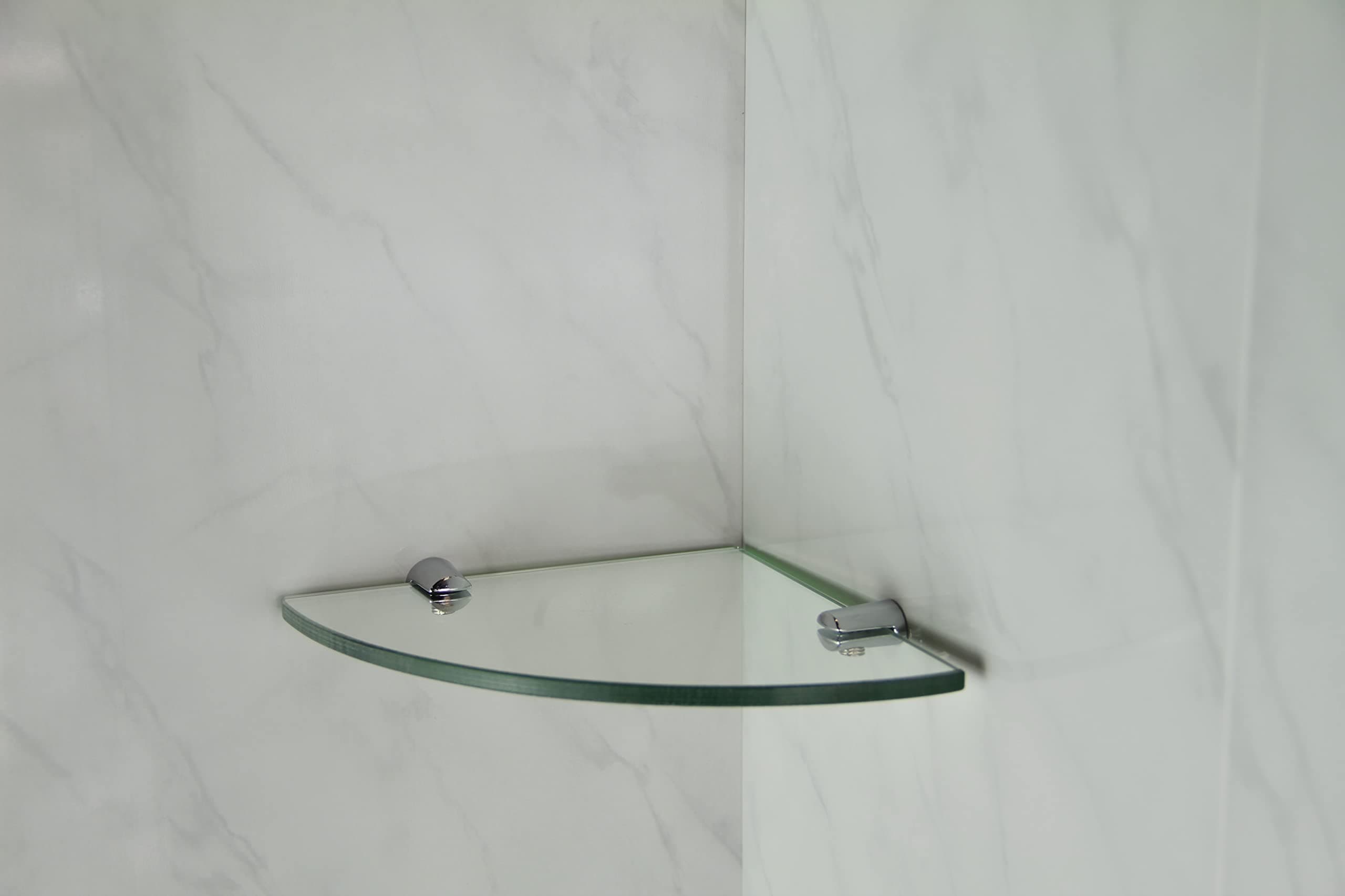 Corner Glass 6mm Thick Shelf With Two Chrome Finish Brackets 200mm x 200mm Toughened Safety